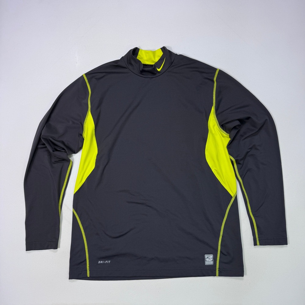 Nike Pro Combat Hyperwarm Dri-Fit Mock Neck Shirt Mens XL Gray Volt 424897-061